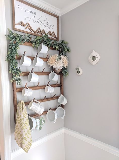 Wall Of Mugs Display, Pegboard Mug Display, Coffee Rack Wall, Mug Pegboard, Mug Hooks On Wall, Mug Stand Display, Wall Mug Rack Display, Diy Wall Mug Rack, Coffee Mug Rack Wall