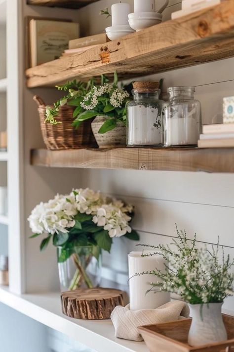 Charming Farmhouse Shelf Decor Ideas to Inspire Farmhouse Shelf Decor Ideas, Narrow Wall Shelf, Farmhouse Shelving, Farmhouse Shelf Decor, Shelf Decor Ideas, Farmhouse Kitchen Shelves, Farmhouse Shelves Decor, Magnolia Home Decor, Farmhouse Shelf