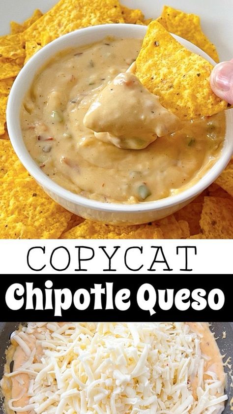 Indulge in the irresistible flavors of Chipotle's famous Queso Blanco with this easy and delicious copycat recipe! This creamy, cheesy dip is made with a blend of white American cheese, Monterey Jack cheese, diced tomatoes, green chilies, and a medley of aromatic spices. It's the perfect appetizer for any gathering or a tasty topping for your favorite Mexican dishes. Mexican Cheese Blend Recipes, Chipotle Copycat Queso Recipe, Chilies Queso Dip Copycat, Copycat Chipotle Queso, Chipotle Queso Recipe, Diy Queso, Mexican Queso Dip, Creamy Queso Dip, Best Queso Dip