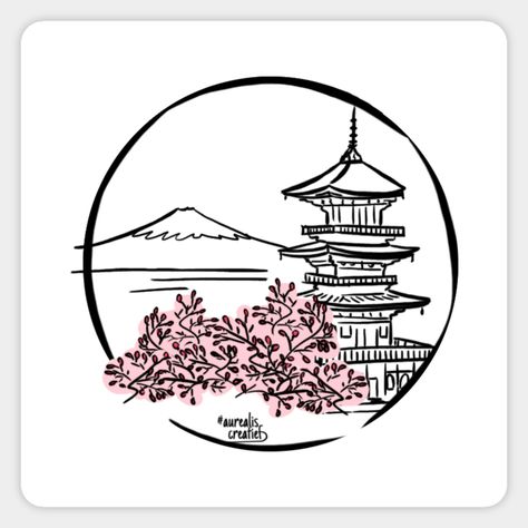 Japanese Temple Drawing, Japan Stickers, Temple Drawing, Japanese Shrine, Japanese Shop, Travel Collage, Japan Logo, Japan Garden, Japanese Temple