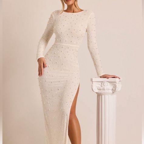 Vienna Emblemished Long Sleeve Backless Maxi Dress In White Size 8 Nwt Reception Dress Bride Long, Oh Polly Dress, Strapless Beaded Dress, Deep Plunge Dress, Plunge Neck Maxi Dress, Cowl Back Dress, Bride Reception Dresses, Backless Cocktail Dress, Oh Polly Dresses