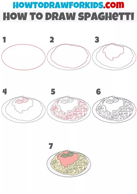 How To Draw Spaghetti, Spaghetti Drawing Easy, Spaghetti Drawing, Spaghetti Easy, Step Ideas, Draw Food, Spaghetti Recipes Easy, Recipe Drawing, Easy Drawing Steps