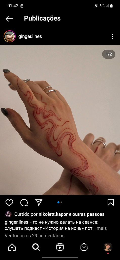 Red Celestial Tattoo, Wiggly Line Tattoo, Red Wavy Lines Tattoo, Ginger Tattoo Ideas, Red Wave Tattoo, Free Form Tattoo, Red Swirl Tattoo, Brown Hand Tattoo, Squiggle Line Tattoo