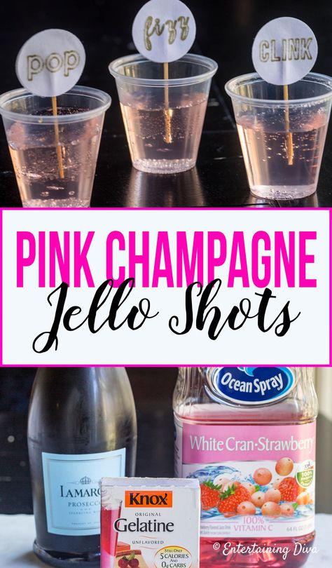 Love this pink champagne jello shots recipe. It's made in cups so it's easy to served and make. #entertainingdiva #newyearseve #champagne #partyideas #jelloshots #diypartyideas Jello Shots Bachelorette Party, Champagne Jello Shots Easy, Jello Shots Pink Whitney, Silver Jello Shots, Champaign Jello Shots Recipe, Pink Champagne Jello Shots, Shots For Bachelorette Party, Pink Jell-o Shots, Taylor Swift Jello Shots