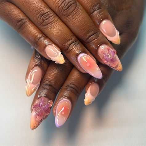 Wet look aura nails >>>> Medium length aura, 3d gel, orchid/3d flower sunset nails 🩷 Simple 3d Nail Designs, Simple 3d Nails, Xv Ideas, Orchid Nails, Sunset Nails, Nails Medium Length, Aura Nails, Summery Nails, Inspired Nails