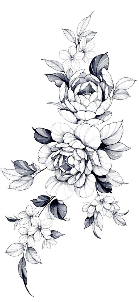 Foliage Tattoo Design, Floral Arm Tattoo, Peony Flower Tattoos, Floral Thigh Tattoos, Hip Thigh Tattoos, Flower Tattoo Drawings, Floral Tattoo Sleeve, Sketch Tattoo Design, Peonies Tattoo