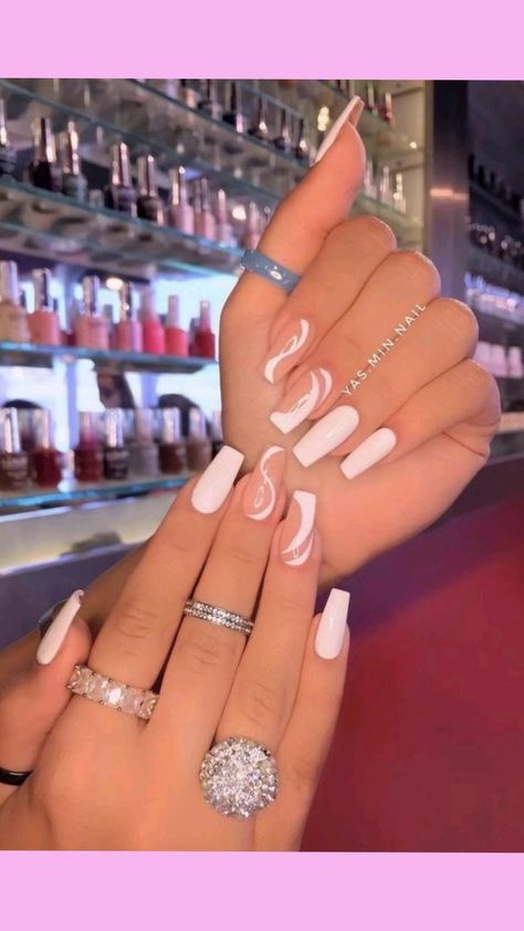 Coffin Acrylic Nail Inspiration, Aesthetic Nails Acrylic White, Prom Nail Ideas Coffin, White French Tip Nails Pointy, Dip Nails With Tips Coffin, Summer 2023 Nails Square, White Or Light Pink Nails, Summer Acrylic Nails Neutral, Classy Light Nails