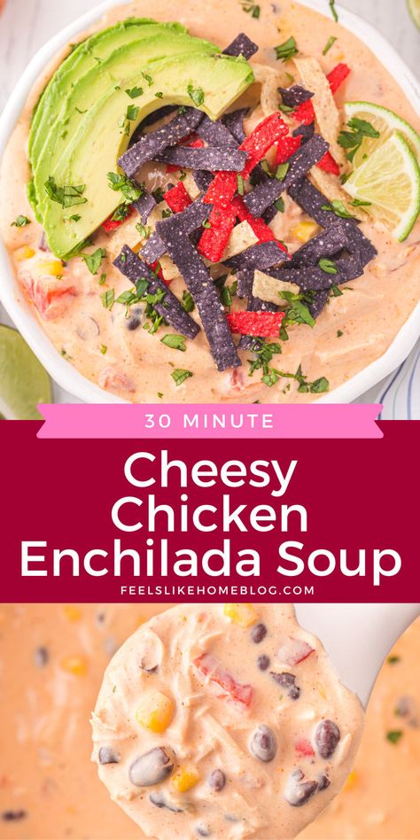 A creamy and flavorful chicken enchilada soup, topped with tortilla strips and avocado, made quick and easy in one pot using leftover or rotisserie chicken, perfect for a comforting meal with the title “30-minute cheesy chicken enchilada soup” Best Tortilla Soup, Enchilada Soup Crockpot, Cheesy Chicken Enchilada Soup, Cheesy Chicken Tortilla Soup, Creamy Chicken Enchilada Soup, Gluten Free Chicken Enchiladas, Cheesey Chicken, Chicken Cheese Enchiladas, Chicken Enchilada Soup Crock Pot