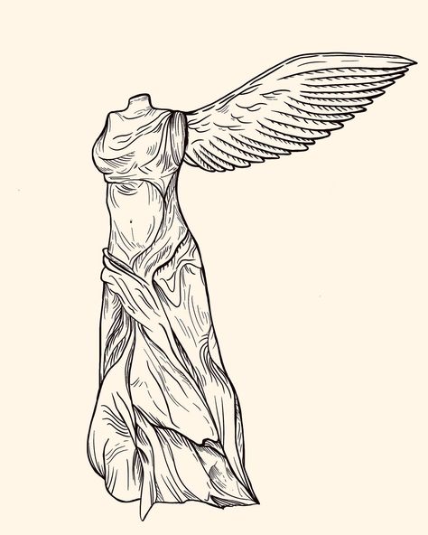 Tattoo design inspired by 'The Winged Victory of Samothrace’ statue 🕊️ {Etching} • • #tattoodesign #statue #tattoos #tattoostyle #tattooart #tattooideas #tattooinspiration #art #artist #cheltenham #cheltenhamart #instaart #blackworktattoo #etchingtattoo #etching Winged Victory Drawing, Nike Of Samothrace Drawing, Victory Statue Tattoo, Venus Statue Tattoo, Trojan Horse Tattoo, Aphrodite Statue Tattoo, Winged Victory Of Samothrace Tattoo, Winged Victory Tattoo, Greek Statue Design