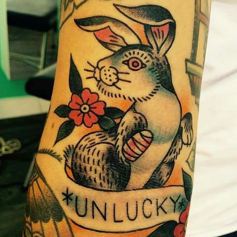 Unlucky Tattoo, Traditional Tattoo Rabbit, Rabbit Tattoo, Tattoo Symbols, Rabbit Drawing, Rabbit Tattoos, Fox And Rabbit, Rabbit Design, Leg Sleeves