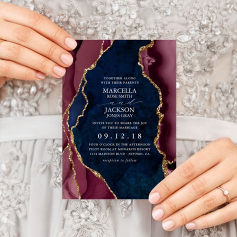 Navy, Burgundy & Gold Agate Wedding Invitation Size: 5" x 7". Gender: unisex. Age Group: adult. Material: Matte. Navy And Burgundy Wedding, Navy Gold Wedding, Navy Blue And Gold Wedding, Rehearsal Invitations, Blue Gold Wedding, Agate Wedding, Navy Blue Wedding Invitations, Maroon Wedding, Burgundy Wedding Invitations