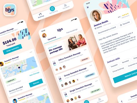 Blys - App user interface user interface design app branding patern profile list booking feed massage ui design user interface ux ui mobile application ios app Massage App, App Branding, App User Interface, Ux Inspiration, App Interface Design, Mobile Web Design, Music App, Ui Design Inspiration, Design App