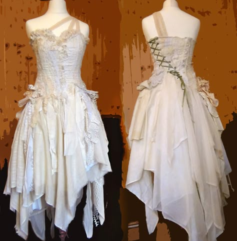 Fairy Dress Tutorial, White Elf Dress, White Fairy Outfit, Corset Fairy Costume, White Fairy Aesthetic Outfit, White Faerie Dress, Tattered White Dress, Black And White Fairy Costume, White Fairy Dress Aesthetic