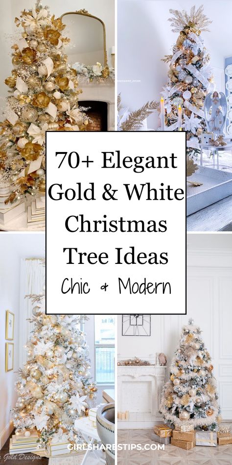 Get ready to turn your home into a winter wonderland with these stunning gold and white Christmas tree ideas. From classic elegance to modern glam, this collection has something for everyone. | Christmas tree ideas | Christmas tree ideas themed | Christmas tree ideas classy | Christmas tree decor ideas | Christmas tree decorating ideas | Christmas tree decorations | Christmas tree topper ideas | Christmas tree ideas with ribbon | top of Christmas tree ideas | ribbon on Christmas tree ideas Christmas Tree Ideas Gold White And Silver, Silver White Tree Christmas, Golden Rose Christmas Tree, White And Gold Christmas Tree Decoration, Light Gold Christmas Tree, Christmas Trees White And Gold, Ivory Gold Christmas Tree, Elegant Christmas Trees Gold And White, Gold Glam Christmas Tree