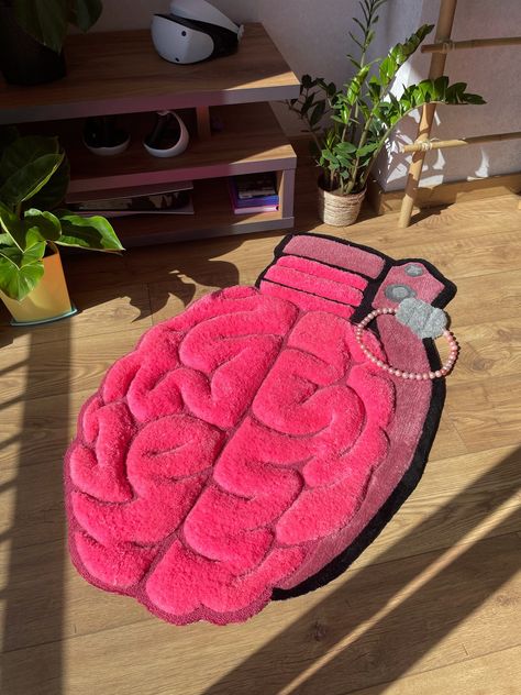 🧠  Tufted handmade fluffy rug in shape of 3d brain with bomb 💣 The size of the rug on photos is 125x80 cm /50x32 inch This rug has part with beads, it's attached but you can easily remove it 😉 If you have any questions or custom rug ideas- just text me 🫶 Funky Carpet Aesthetic, Rugs For Room Aesthetic, Fun Interior Design Ideas, Rug Clothes, Cool Carpets, Custom Rugs Design, 3d Rugs, Rugs In Bedroom, Bedroom Decor Carpet