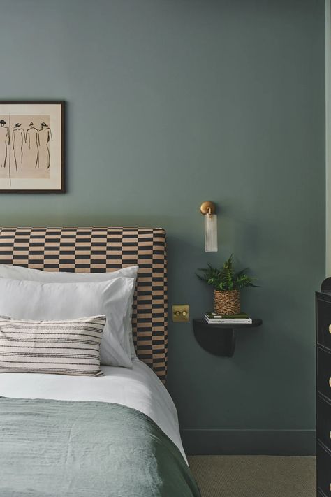 Moody Bedroom | Topology Interiors Porto, Topology Interiors, Terrace House Bedroom, Blue Green Bedrooms, Bedroom Redecorating, Kitchen Feature Wall, Guest Bedroom Office, Clifton Village, Redecorating Ideas