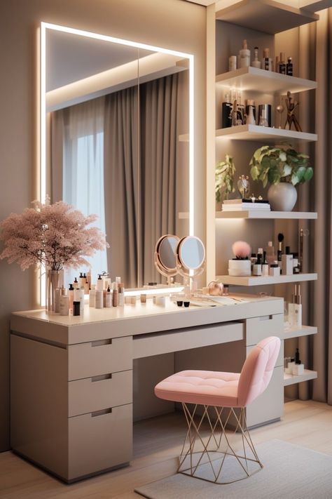 Vanity With Study Table, Dressing Table Ikea Ideas, Study Table Dressing Table, Makeup Room Wallpaper, Aesthetic Dressing Table Ideas, Dressing Table Ideas Aesthetic, Make Up Room Design Interiors, Dressing Room Ideas Ikea, Bedroom With Makeup Table