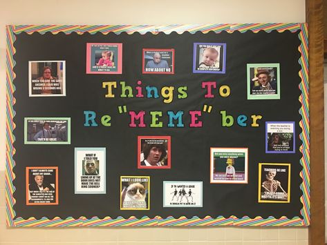 High School Meme Bulletin Board Sel Bulletin Board Ideas High School, Spirit Week Bulletin Board Ideas, Teacher Office Bulletin Board, High School Sel Bulletin Boards, High School Boards Bulletin Ideas, Employee Bulletin Board Ideas Pictures, Bulliten Board Ideas For High School, Fun Bulletin Board Ideas Offices, Hs Bulletin Board Ideas