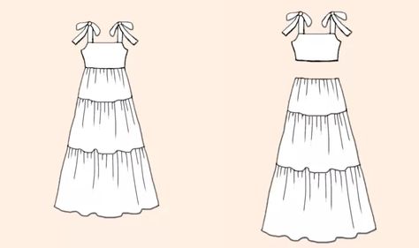 Molde, How To Sew Maxi Dress, Three Tier Dress Pattern, Easy Dresses To Sew For Beginners, Simple Tiered Dress Pattern, Three Tier Skirt Pattern, Flowy Dress Sewing Pattern Free, Sewing Flowy Dress, Easy Sew Maxi Dress