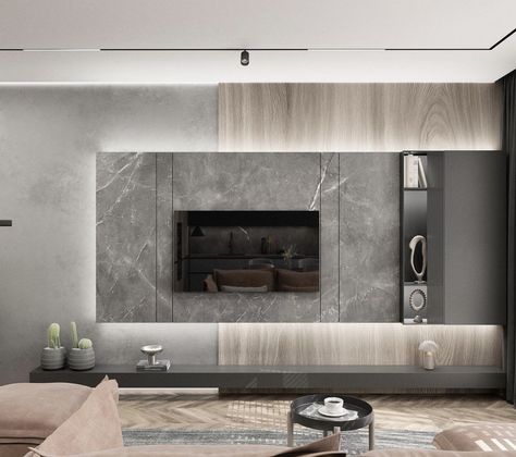 Tv Wall Design Grey, Classy Tv Wall, Tv Wall Grey, Minimalist Tv Unit, Contemporary Tv Wall, Grey Tv Unit, Living Room Designs India, Tv Wall Panel, Tv Feature Wall