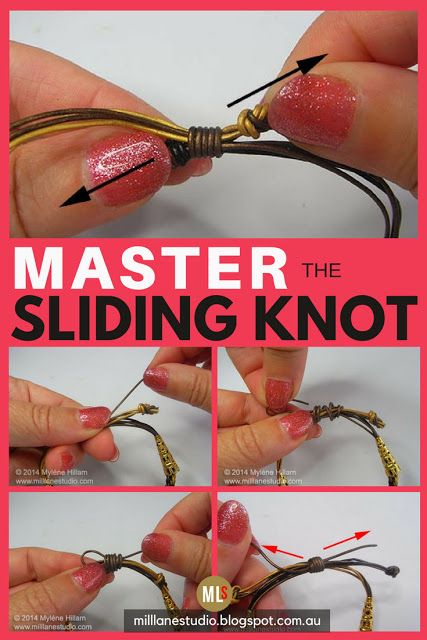 Master the sliding knot with this step-by-step tutorial. Sliding knots are great for finishing leather bracelets without the need for a clasp. And because they're adjustable, you can easily put them on yourself and size them to fit your wrist. #MillLaneStudio #slidingknot #howtotieslidingknots #basicknots #adjustablebracelet #leatherbracelet Tightening Bracelet Knot, Pull Knot Bracelet, Macrame Bracelet Ending Sliding Knot, Ending A Bracelet, Bead Stringing Ideas, Adjustable Leather Bracelet Diy, How To Make The End Of A Bracelet, How To End A Bracelet Sliding Knot, Diy Bracelet Clasp