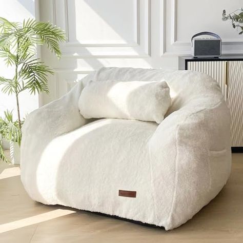 MAXYOYO Giant Bean Bag Chair with Pillow,Fuzzy Fabric Fluffy and Comfy Bean Bag Sofa Large Bean Bag Chair Adult Size with Filler for Reading, Gaming，Beige