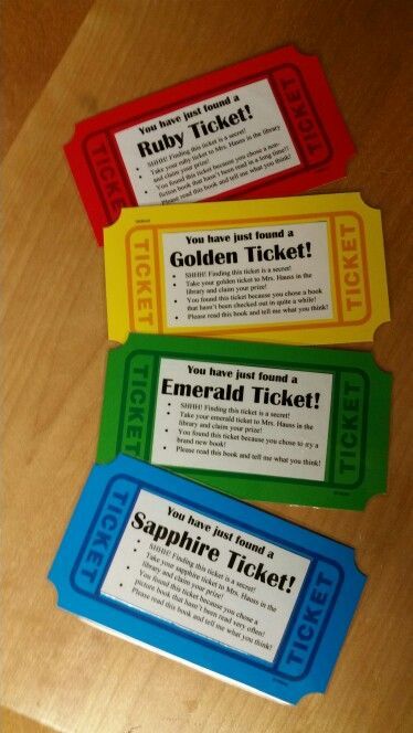 Tickets hidden in library books- My version of the golden tickets has different colors to use in different genres. These will be hidden in library books that have not been checked out in a while. The green ones will encourage the students to try a new book too. Elementary School Library Centers, Library Rewards Ideas, Library Self Checkout, School Library Grants, Books We Have Read Classroom Display, Library Summer Display, Library Contest Ideas, Book Festival Ideas, Library Card Sign Up Month Ideas