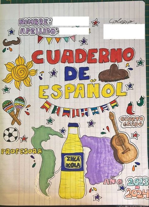 Spanish Book Cover Ideas School, Spanish Notebook Cover Ideas, Spanish Notebook Cover, Spanish Cover Page, Folder Cover Design, Inca Kola, Spanish Notes, Spanish Projects, Ap Spanish Language