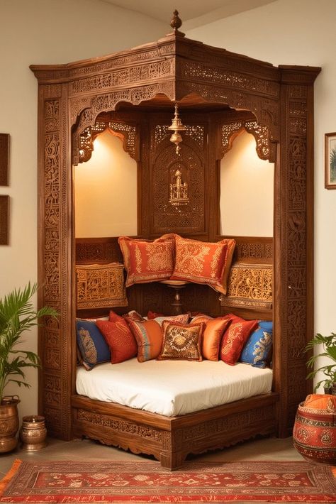 Bedroom Aesthetic Furniture, Indian Royal Bedroom Design, Royal House Design Interior, Indian Day Bed, Indian Decoration Ideas House, House Interior Decor Indian, Indian Decor Aesthetic, Indian Traditional Decor, Jaipur Bedroom