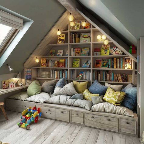 Converted Attic Playroom, Kids Attic Playroom, Kids Loft Playroom, Attic Playroom Ideas Sloped Ceiling, Loft Playroom Ideas, Attic Kids Bedroom, Attic Bonus Room Ideas, Attic Nursery, Attic Living Room Ideas