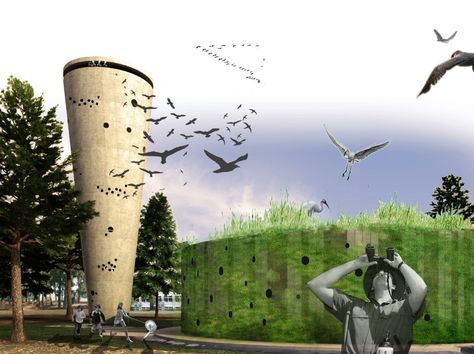 Habitat for Urban Wildlife / Ifat Finkelman_Ofer Bilik Architects,Courtesy Ofer Bilik Architects Urban Biodiversity, Viewing Tower, Animal Architecture, Biomimicry Architecture, Urban Ecology, Bird Ideas, Urban Wildlife, Mad Architects, Whimsy Art