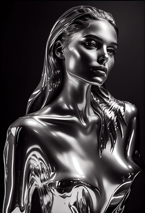 Chrome Painting Tutorial, Metal Skin Character, Chrome Painting Art, Shiny Reference, Chrome Person, Chrome Portrait, Chrome Artwork, Artsy Pfp, Metallic Photoshoot