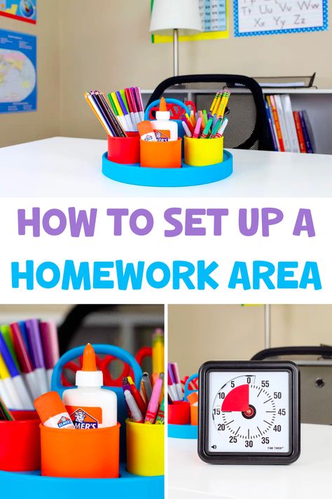 Creating a kids homework station allows your child to develop positive study skills and productive work habits. Today, I am sharing how to create a kids homework area that your child will love. This homework area is great for kids of all ages. This kids homework station can be made with an IKEA desk or any other desk you find. Get your kids involved to give them ownership of their space. Homework Station In Living Room, Homework Desk For Kids, Kindergarten Homework Station, Homework Space For Kids, Homework Cart For Kids, Kid Homework Station, Homework Room Ideas, Kids Desk Ideas Homework Station, Kids Desk Area In Bedroom