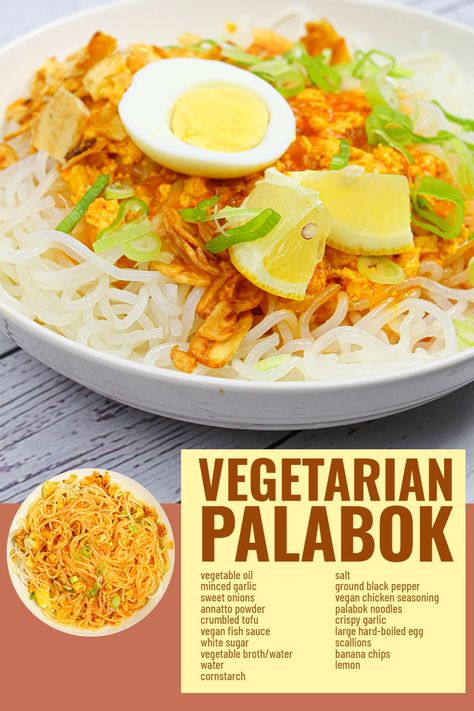 Try this quick and easy Vegetarian Palabok recipe, a Filipino noodle dish that is made with cornstarch noodles, tofu and delicious vegetarian palabok sauce. It's a great dish for fiestas, potlucks and special occasions. Enjoy! Filipino Potluck Dishes, Vegetarian Potluck Dishes, Vegan Filipino Recipes, Palabok Sauce, Vegetarian Pancit, Vegan Seasonings, Palabok Recipe, Pancit Palabok, Pancit Recipe