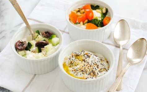 Savory Yogurt Three Ways from @foxeslovelemons is a fresh twist on breakfast, or a perfect afternoon snack. Savory Greek Yogurt, Plain Greek Yogurt Recipes, Savory Yogurt, Lemon Smoothie, Eat Greek, Greek Yogurt Recipes, Meatless Dinner, Yogurt Recipes, Christmas Menu