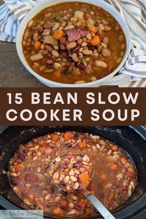 This delicious 15 Bean Slow Cooker Soup recipe is easy to put together, packed with veggies, and slow cooks to perfection in only 6 hours! 15 Bean Soup Recipe Crock Pots, Crock Pot Bean Recipes, 15 Bean Soup With Ham Hocks, Pot Of Beans Slow Cooker, Slow Cooker Pork And Beans, 16 Bean Soup Recipe Crock Pots, 9 Bean Soup Recipe Crock Pots, Fifteen Bean Soup Recipes, West Bend Slow Cooker Recipes