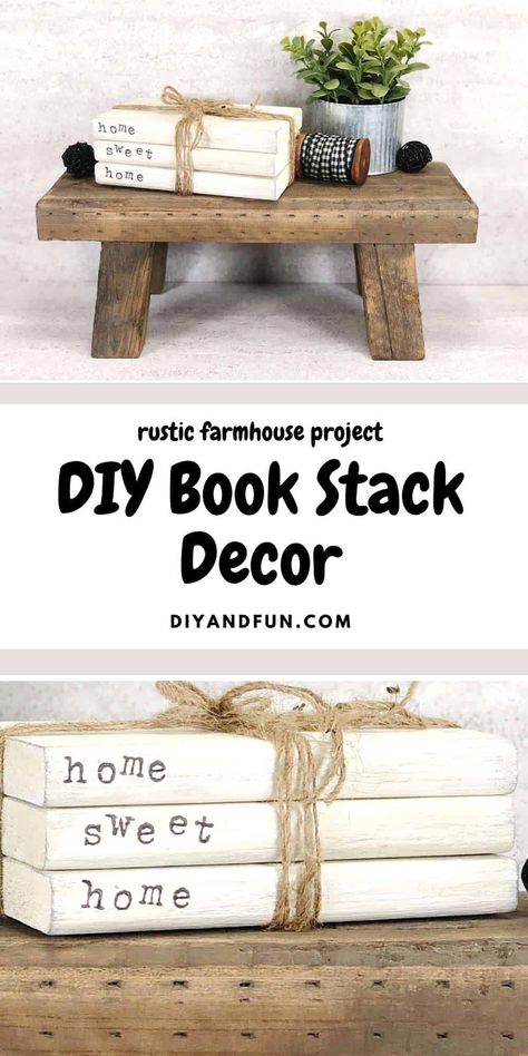 DIY Wooden Book Stack Project, a simple project for making a trendy homemade rustic farmhouse decorating staple Stacked Books Decor Diy Wood, Book Holder Diy, Wooden Stacked Books, Diy Wood Books, Stacked Books, Farmhouse Decorating, Diy Posts, Wood Book, Wooden Books