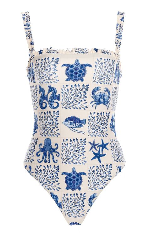 26 Cute One-Piece Swimsuits to Wear This Season | Who What Wear Off The Shoulder Swimsuit, Ruffle Beading, Cute Bathing Suits, Cute Swimsuits, Beach Wears, Blue Suit, Dream Clothes, Moda Operandi, Women Swimsuits