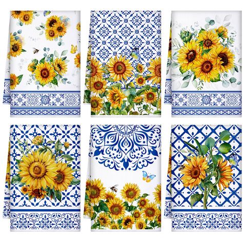 PRICES MAY VARY. Detailed Fabric Material: the decorative kitchen towels are mainly made of microfiber, which is soft and smooth for you to feel, and the patterns are printed by thermal transfer printing process, not easy to fade after washing and cleaning multiple times Sunflower Design: the sunflower dish towels are decorated with various elements, such as sunflower, bee, butterfly and so on, and the blue, white and orange combination can easily match with your kitchen decor of most styles Suf Sunflower Themed Kitchen, Sunflower Kitchen Decor, Yellow Kitchen Decor, Sunflower Kitchen, Christmas Bathroom, Decorative Kitchen Towels, Summer Christmas, Blue Cabinets, Yellow Kitchen