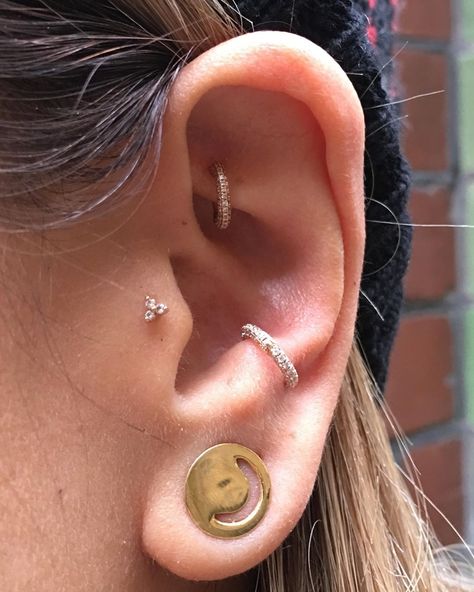 Nice project to start the year! Healed #antitragus with the pavé diamond ring, #rook with the eternity diamond ring and the #tragus with… Ear Piercing Ideas Anti Tragus, Ear Piercing Ideas Tragus Rooks, Anti Tragus Piercing Hoop, Tattoo Ear, Anti Tragus Piercing, Tragus Ring, Eternity Diamond Ring, Tragus Piercing Jewelry, Curated Ear