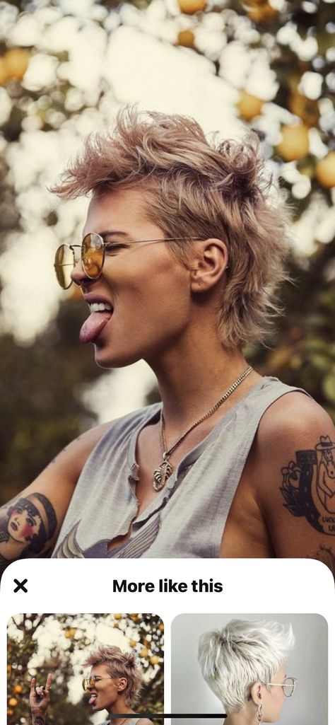 Mullet Hawk Woman, Women's Mullet Haircut, Mohawk Women Short Pixie Haircuts, Long Pixie Mohawk, Short Punky Hairstyle Women, Faux Hawk Mullet Women, Fashion Mullet Women, Rocker Pixie Haircut, Short Shaggy Mullet Women