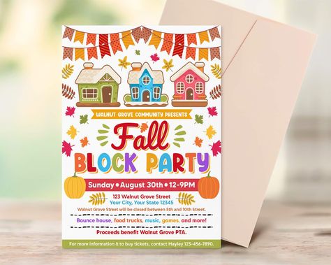 Autumn Neighborhood, Fall Block Party, Block Party Flyer, Neighborhood Halloween, Fall Bake Sale, Food Drive Flyer, Block Party Invitations, Fall Blocks, School Festival