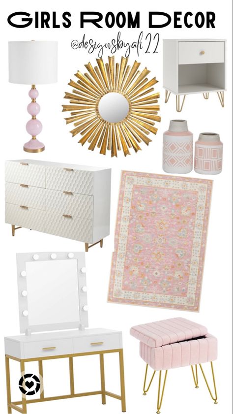 Pink Gold Room Bedrooms, Pink Gold Teen Bedroom, Blush Pink White And Gold Bedroom, Pink And Gold Bedrooms, Pink And Gold Teenage Girl Bedroom, Room Ideas Aesthetic Pink White And Gold, Pink And White Teen Bedroom, Gold And Pink Room Decor, Pink Gold And White Room