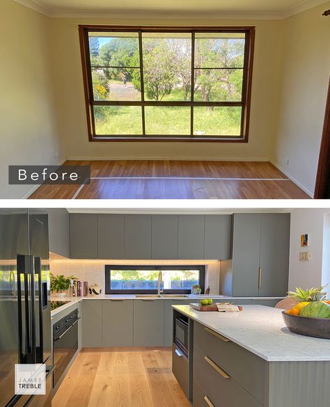 Before and after the remodeling of an old home. The old dining room is now the new kitchen, perfectly connected to the alfresco area via uPVC french glass doors. Muted green and natural stone inspired countertop, brass tapware and handles and black appliances… The Old window was remodelled to allow for necessary cabinetry under it and above. French Glass Doors, Old Dining Room, Brass Tapware, House Before And After, Black Appliances, Glass French Doors, French Glass, Alfresco Area, Muted Green