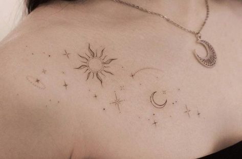 Collar Bone Moon Tattoos For Women, Moon On Collar Bone Tattoo, Cloud And Stars Tattoo, Delicate Star Tattoo, Moon Collarbone Tattoo, Moon Tattoo On Collarbone, Stars And Moon Collarbone Tattoo, Small Moon Tattoo Collar Bone, Solar Tattoo