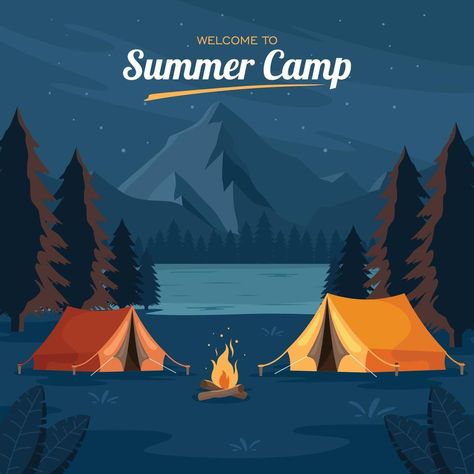 Summer Camp Graphic Design, Summer Camp Drawing, Welcome To Summer Camp, Summer Camp Illustration, Summer Camp Background, Camp Drawing, Camp Background, Calendar Poster Design, Camping Poster