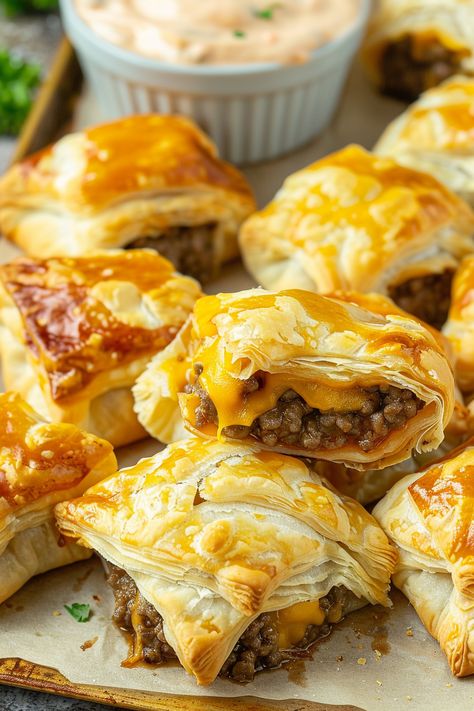 Cheeseburger Pockets Cheeseburger Pockets Crescent Rolls, Hamburger Crossiant Recipes, Cheeseburger Puff Pastry, Cheeseburger Crescent Rolls, Ground Beef Appetizers, Cheeseburger Pockets, Cheeseburger Cups, Crossiant Recipes, Beef Ideas