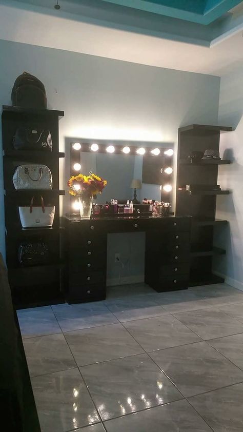 Back Room Aesthetic, Black Wall Inspo Bedroom, Black Vanity Set Up Ideas, Baddie Room Inspo Black, Cute Black Room Ideas, Black Beauty Room Decor, Black Themed Bedroom Room Ideas, Black Room Ideas For Girls Bedrooms, Black Aesthetic Bedroom Ideas Baddie