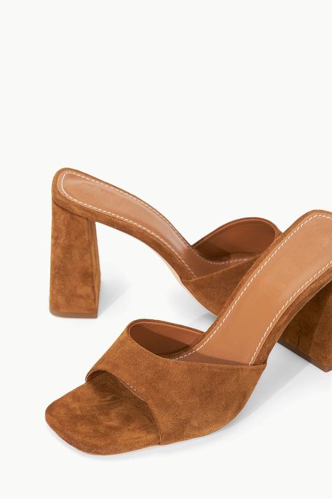 STAUD SLOANE HEEL TAN SUEDE Brown Leather Heels, Beautiful Heels, Northern Soul, Sandal Platform, Tan Heels, Heel Caps, Brown Heels, Kinds Of Shoes, Tan Suede