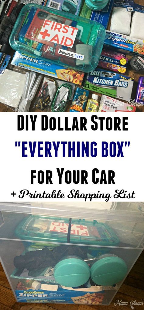 DIY Dollar Store “EVERYTHING BOX” for Your Car + Printable Shopping List - a MUST-HAVE for your car!! Car Printable, Car Organization Diy, Emergency Prepardness, Car Emergency Kit, Printable Shopping List, Emergency Preparedness Kit, First Cars, Car Essentials, Emergency Prepping